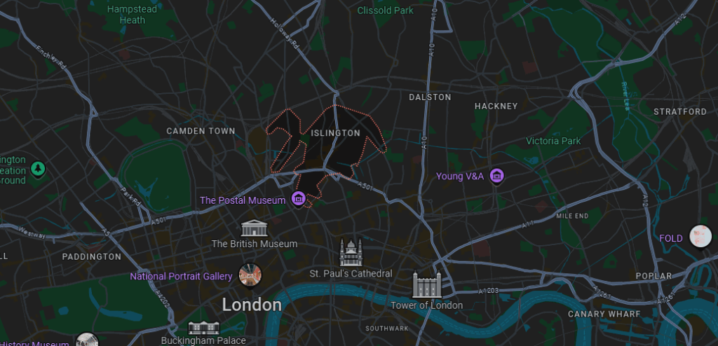 Map of Islington depicting the service area for waste management services of Waste Predators.